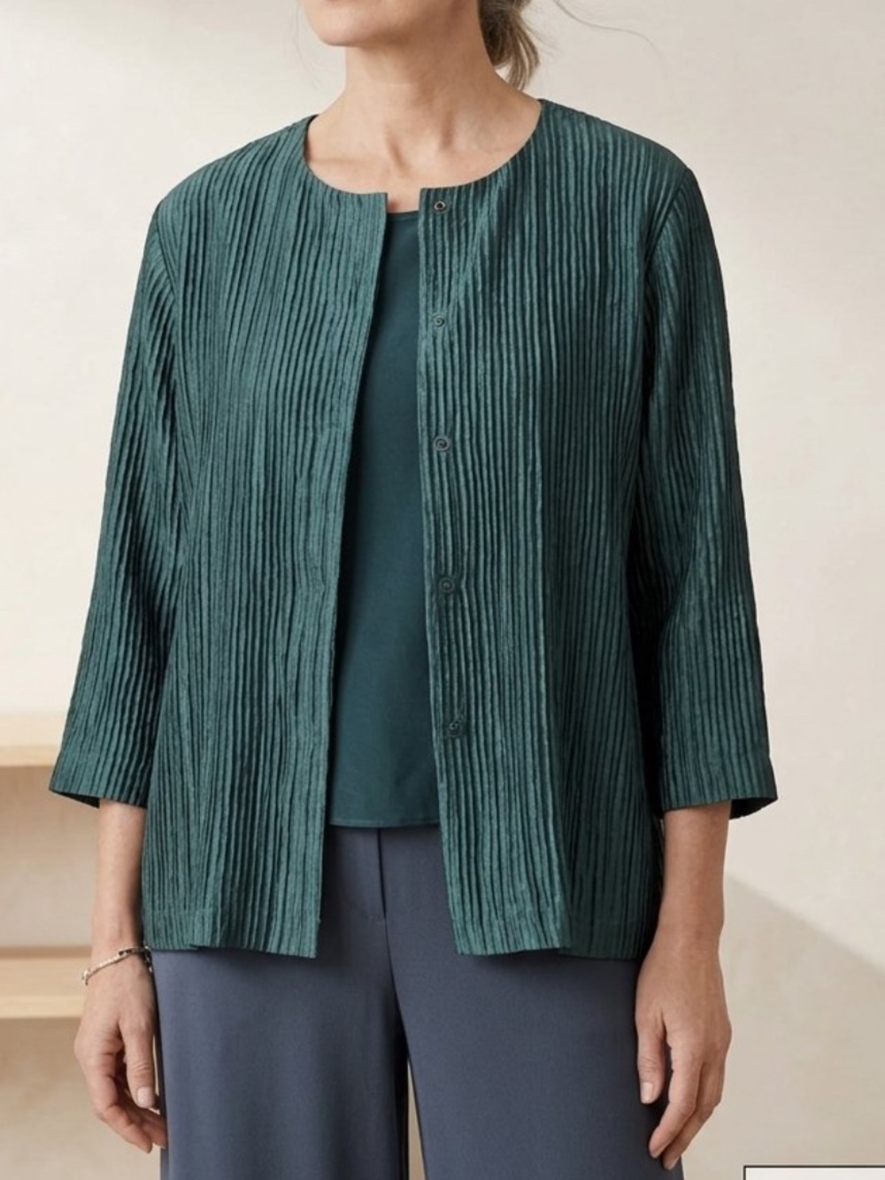 Eileen Fisher Silk Groove Crinkle Jacket XL Dark Teal Green Lined Snap Front